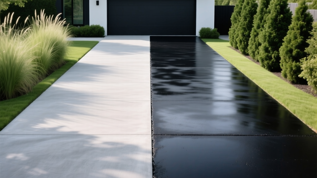Split-view driveway showing smooth broom-finished concrete on the left and fresh black asphalt pavement on the right, bordered by green landscaping