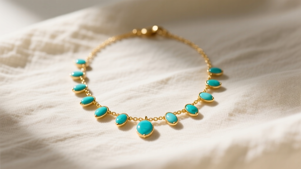 Flat lay of the gold-toned Stella Dot Wanderer necklace with turquoise charms resting on cream linen, soft natural light