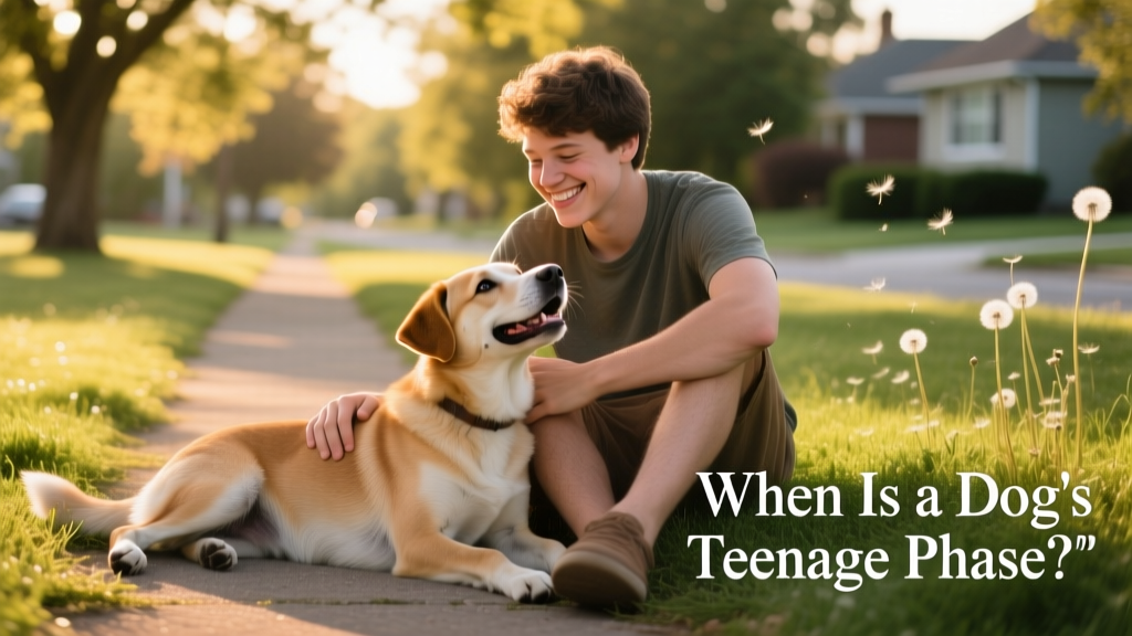 A relaxed, happy adolescent dog resting beside their owner after a walk, both looking content and connected