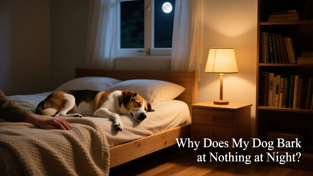 A calm dog sleeping peacefully beside their owner's bed at night, with soft lighting and a cozy blanket