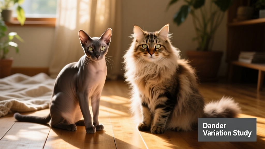 Two different-looking cats side by side—one sleek and short-haired, the other fluffy and long-coated—to illustrate individual variation in dander production