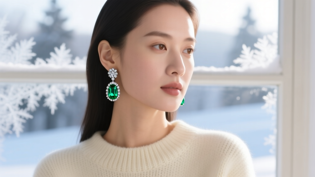 Profile of a woman wearing diamond and green tourmaline drop earrings against a blurred snowy window and a cozy knit sweater