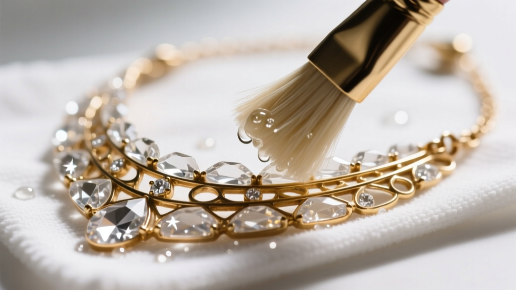 Soft brush gently cleaning a complex multi-layered crystal and brass bib necklace over a microfiber cloth with mild soapy solution