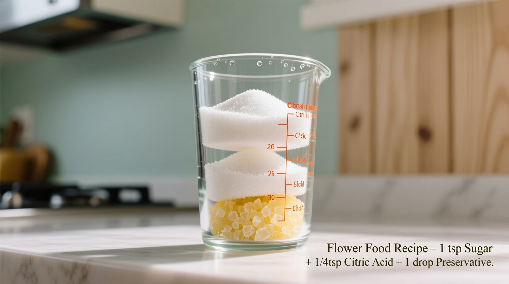 Homemade flower food ingredients in glass measuring cup