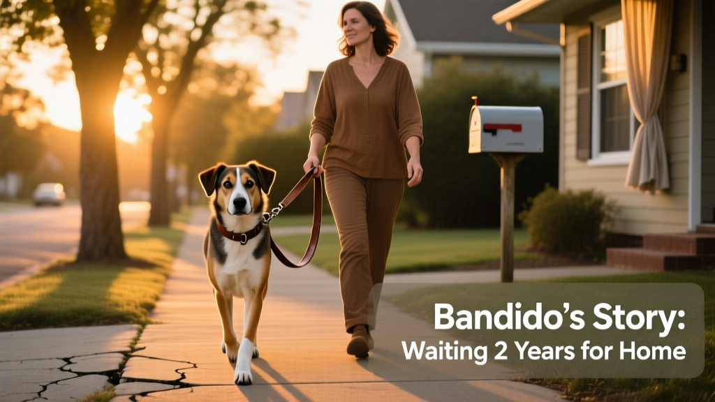 Bandito walking confidently on a leash beside his future adopter on a quiet neighborhood street at golden hour