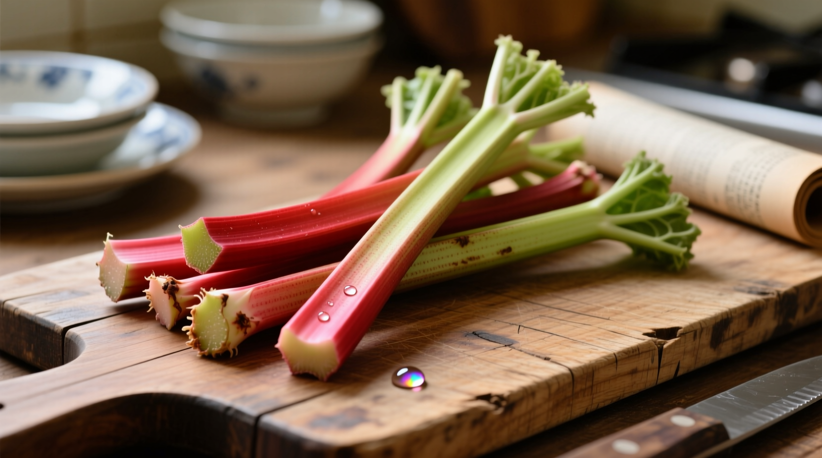 Fresh rhubarb stalks on cutting board