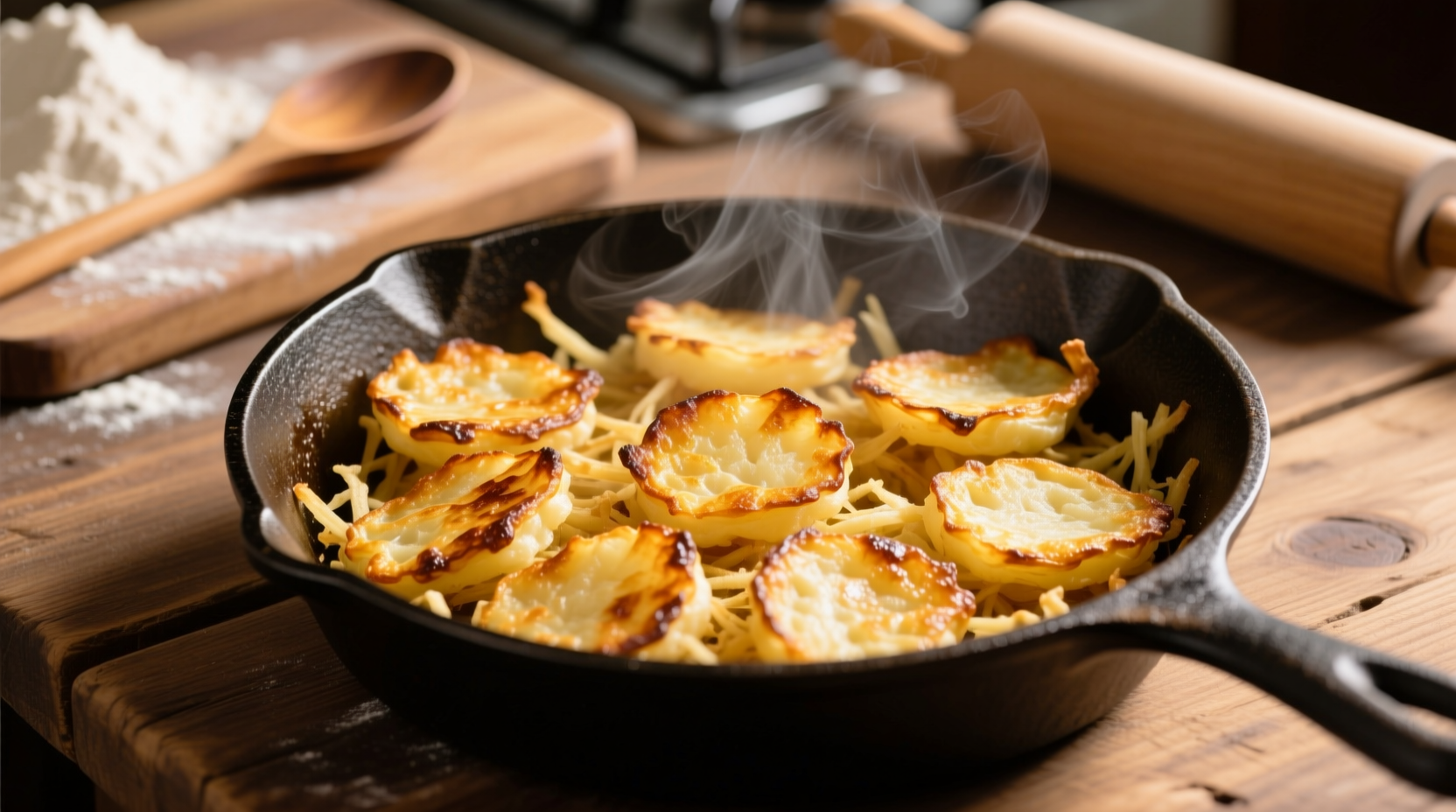 Golden shredded potato hash browns in cast iron skillet