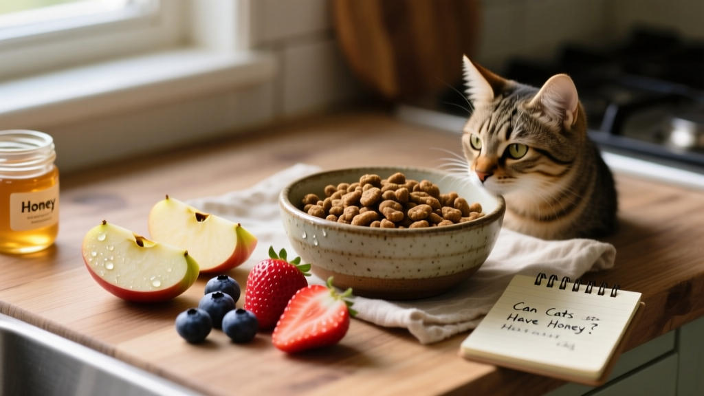 Fresh fruit slices (apple, blueberry, strawberry) beside a bowl of cat treats