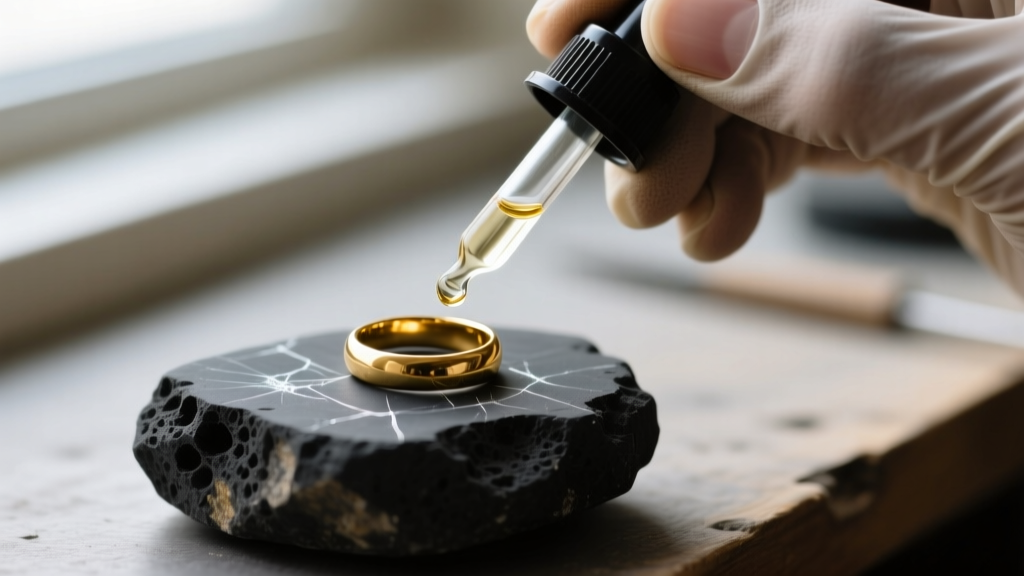 Jeweler applying acid test solution to a scratched vintage 12k gold ring shank, alongside a glass dropper and dark testing stone.