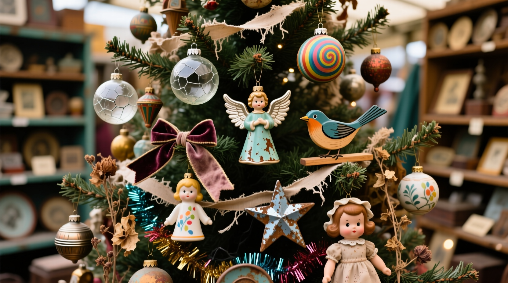 how to design a themed tree using only secondhand ornaments from thrift stores and flea markets