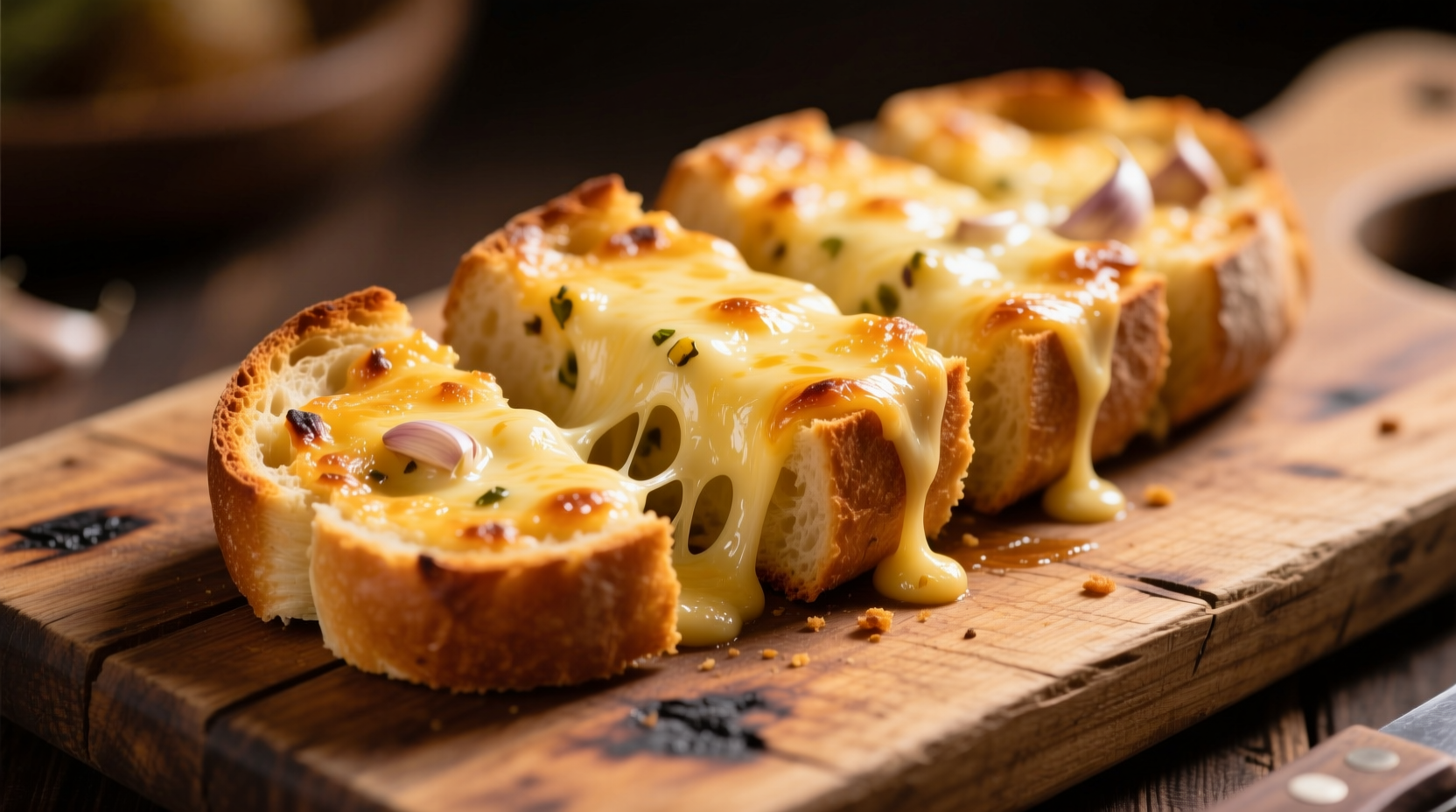Golden garlic bread with melted cheese on wooden board