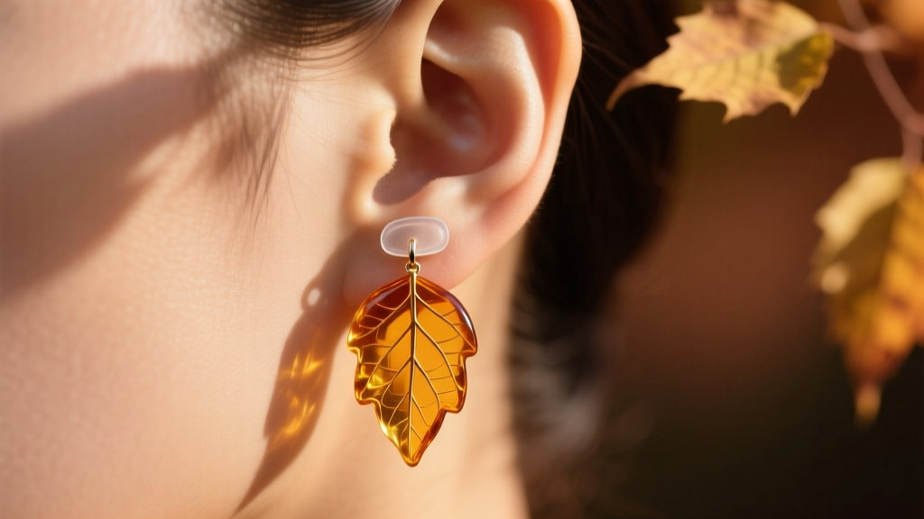 Close-up of an earlobe wearing a heavy amber resin leaf earring supported by a clear silicone patch in warm autumn lighting.