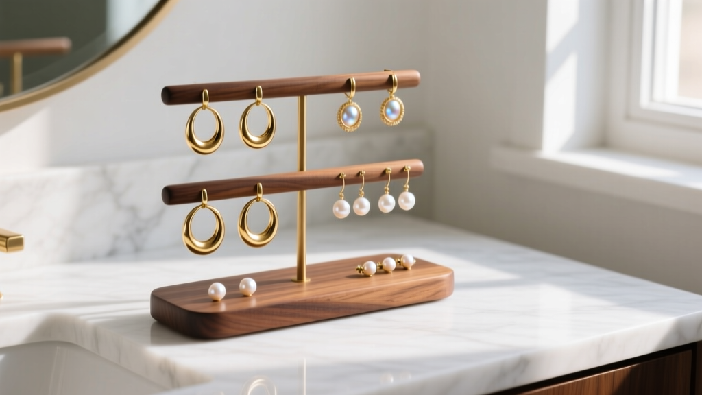 Walnut wood earring organizer stand on a white marble vanity, displaying gold hoops and pearl studs in soft morning light