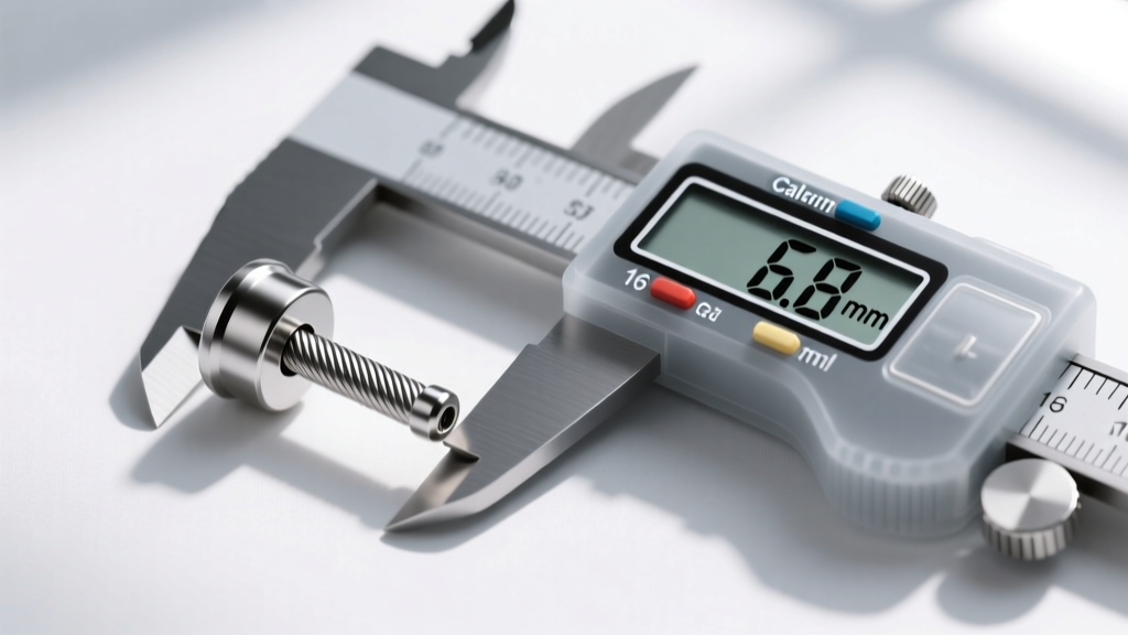 Close-up of a 16-gauge titanium barbell with extra post length for cartilage swelling, placed next to a precise digital caliper