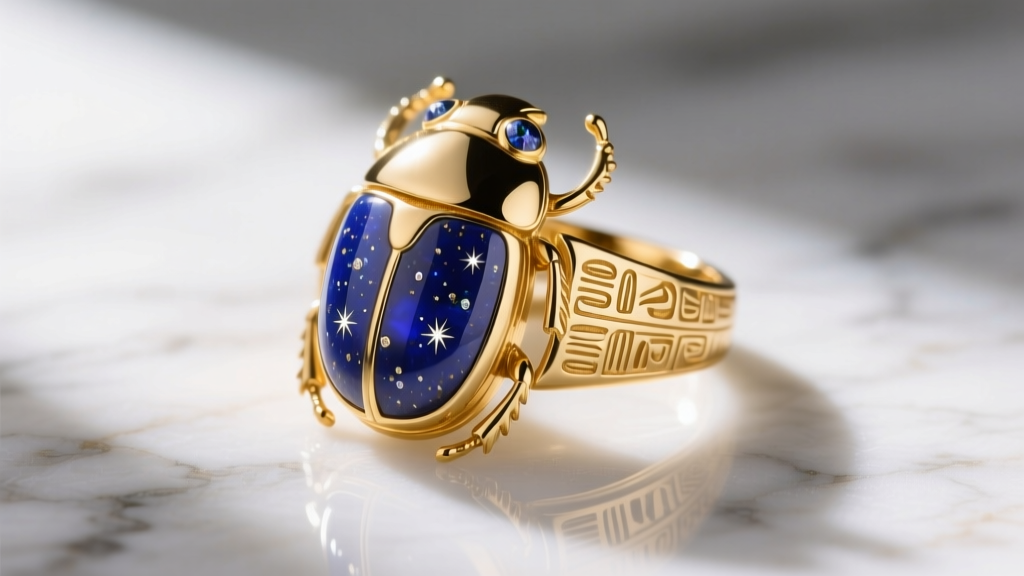 Close-up of an 18k gold Egyptian jewelry scarab ring featuring carved lapis lazuli with pyrite inclusions on a marble surface.