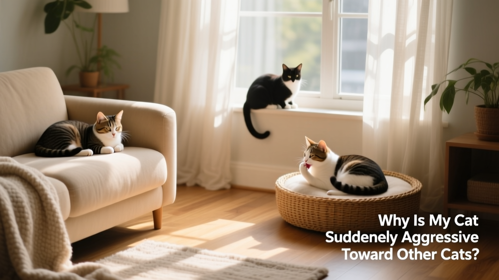 Three cats resting peacefully in the same sunlit room, each in their own space but relaxed and calm