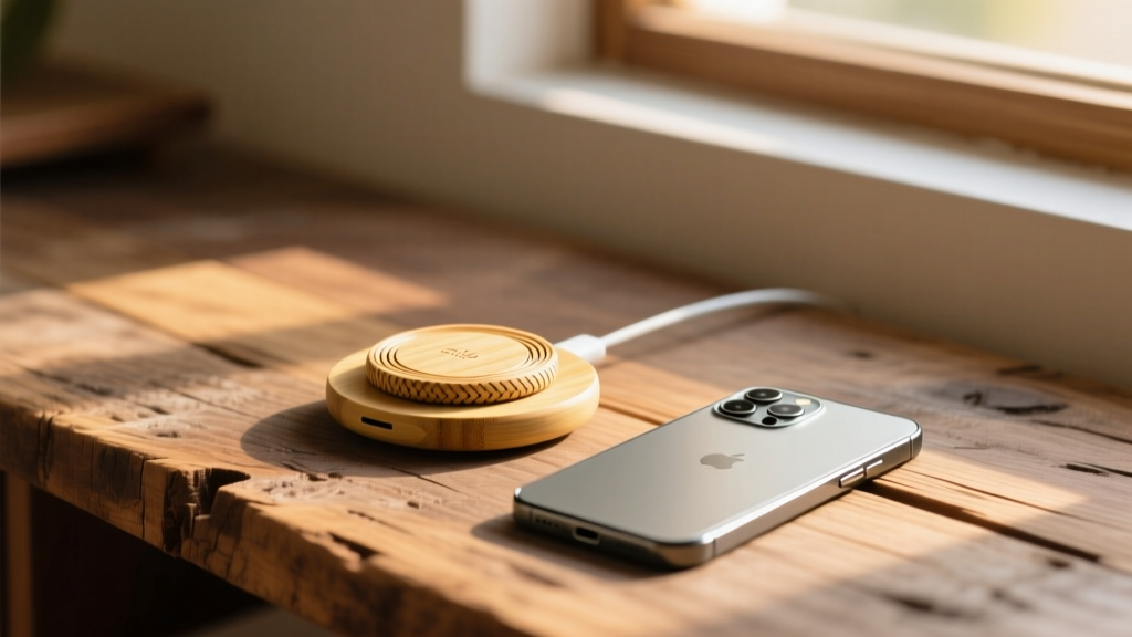 A sleek bamboo wireless charger resting on a reclaimed wood desk next to a smartphone, bathed in warm morning sunlight.