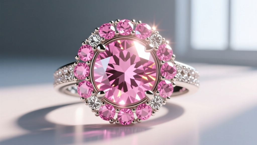 Low profile view of a hidden halo ring revealing a secret circle of pink sapphires beneath a brilliant cut diamond basket setting.