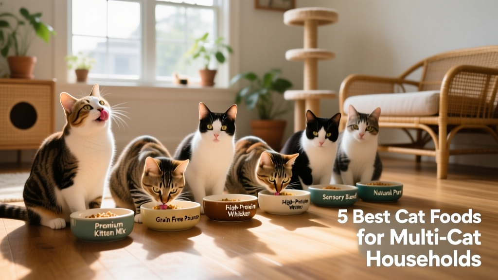 A happy group of adult cats eating from separate bowls side by side