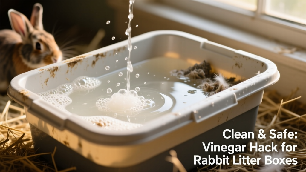 Close-up of white vinegar solution soaking inside a plastic litter box, with visible calcium residue dissolving