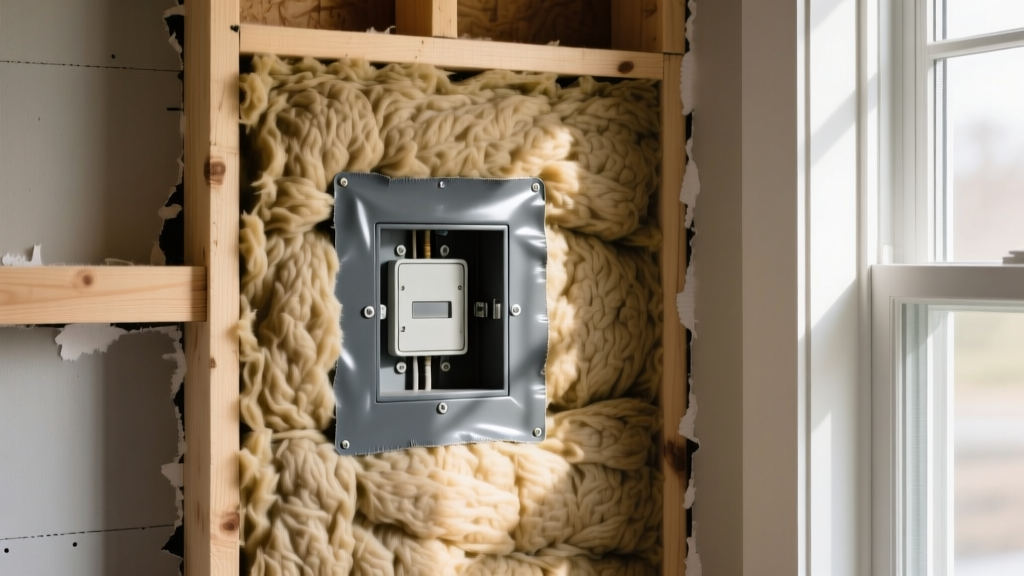 Cross-section of a 2x6 exterior wall cavity filled with dense mineral wool insulation, showing acoustic sealant around an electrical box