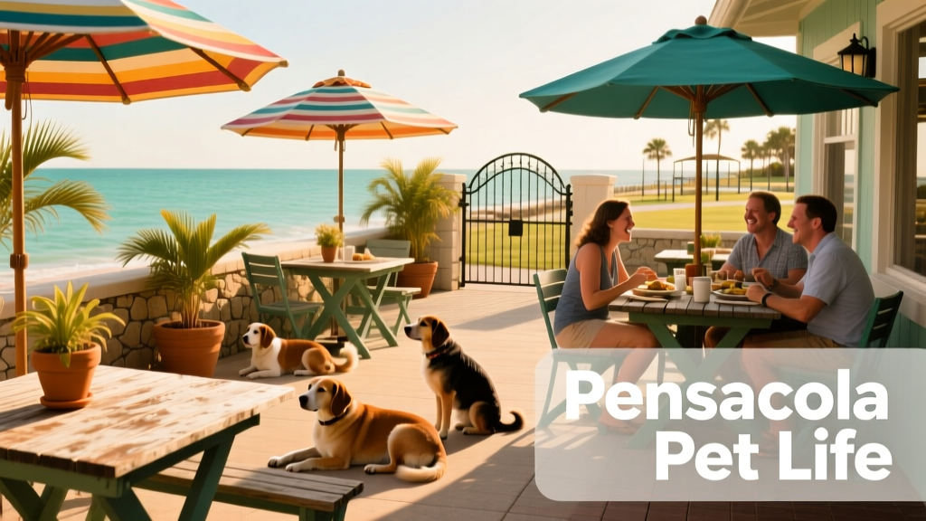 Outdoor patio of a dog-friendly restaurant in Pensacola, with dogs resting under umbrellas while owners dine