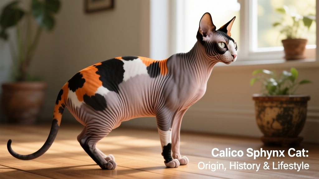 Side profile of a Calico Sphynx cat highlighting its muscular build, wrinkled skin texture, and contrasting pigment patches along the flank and tail base