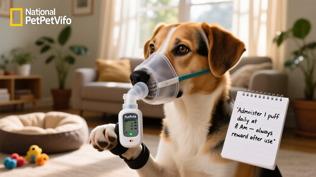 Dog wearing a pet-friendly inhaler mask connected to a FurPetVo-branded metered-dose inhaler, with calm expression and clear instructions visible nearby