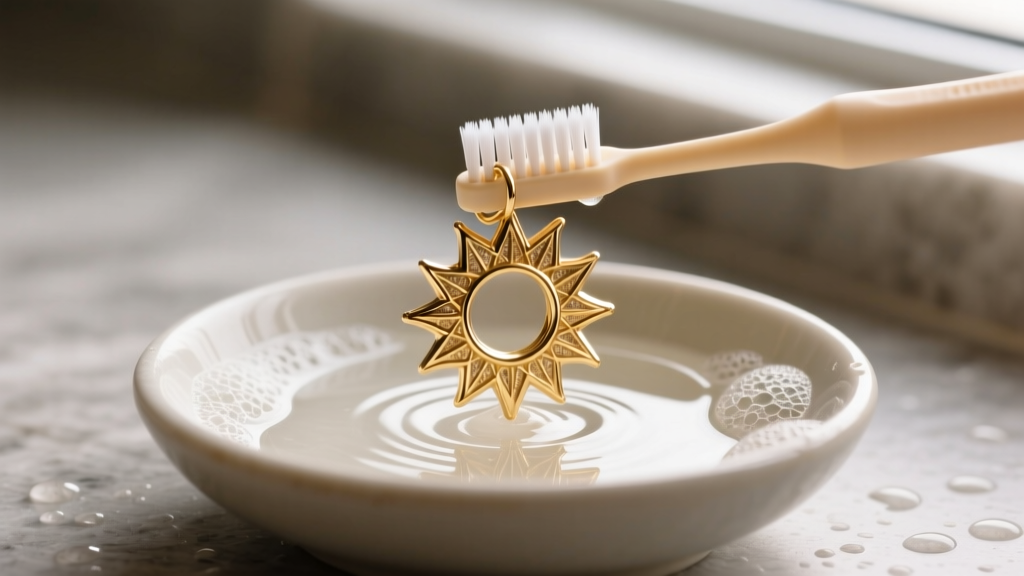 Soft-bristled baby toothbrush gently scrubbing the intricate crevices of a gold vermeil sunburst earring submerged in soapy water.