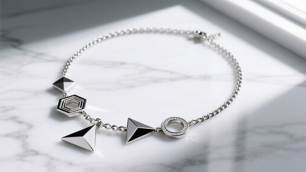 Overhead flat-lay of a 32-inch sterling silver long charm necklace with geometric pendants on white marble under soft lighting