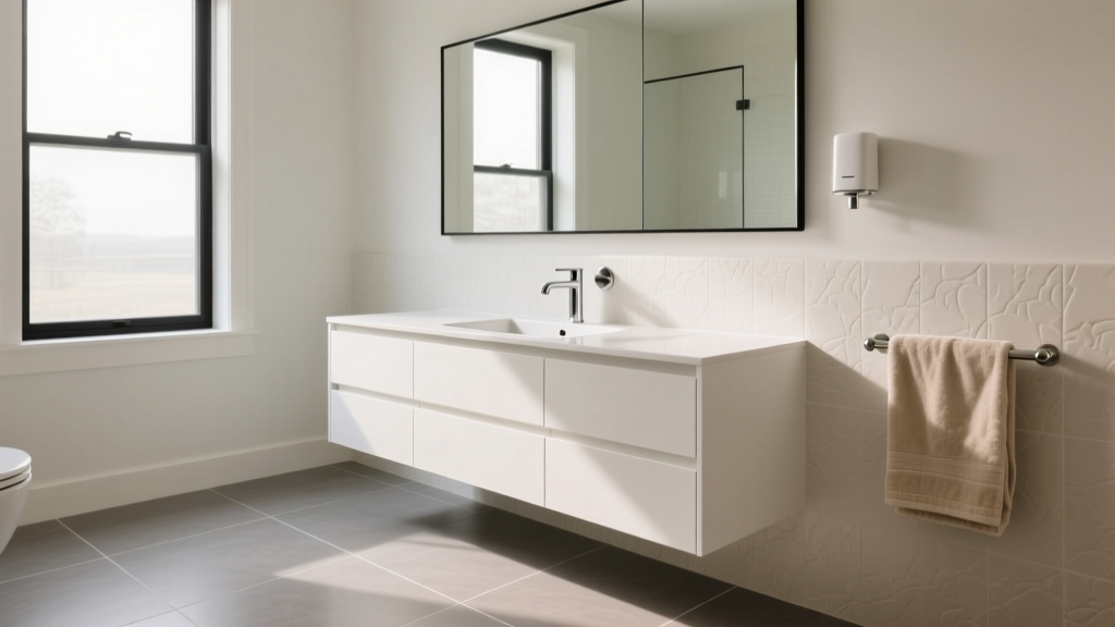 Master bathroom featuring large-format matte porcelain floor tiles in warm grey, paired with a white floating vanity