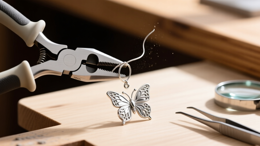 Nylon-jaw pliers squeezing the wire loops of a silver butterfly earring back to restore tension on a wooden jeweler's workbench.
