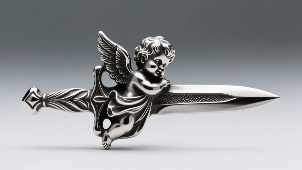 Macro shot of a 120-gram sterling silver cherub dagger pendant showing deep crevices filled with dark liver of sulfur oxidation.