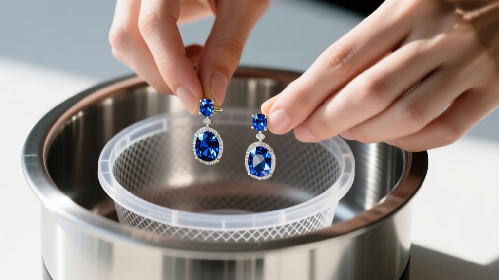 Hands placing delicate sapphire drop earrings into a plastic mesh insert inside a stainless steel ultrasonic cleaning basket
