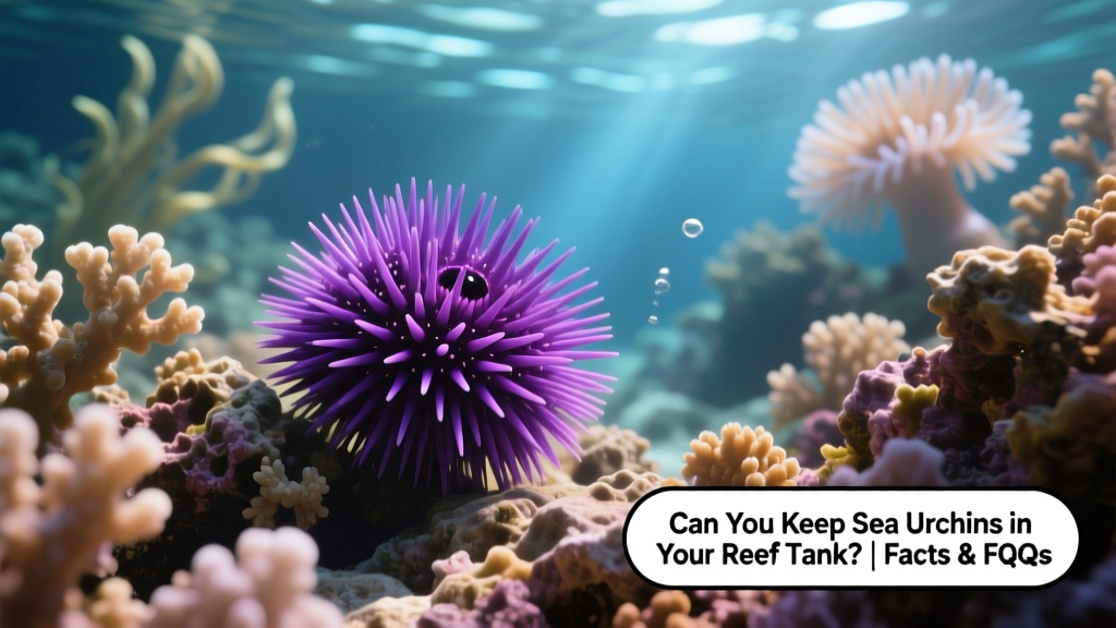 A vibrant reef tank featuring a purple sea urchin nestled among live rock and soft corals