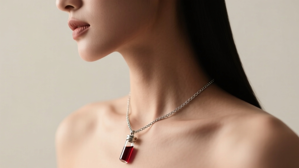 Side profile of a woman wearing a delicate silver chain with a small cylindrical blood vials necklace resting on her collarbone.