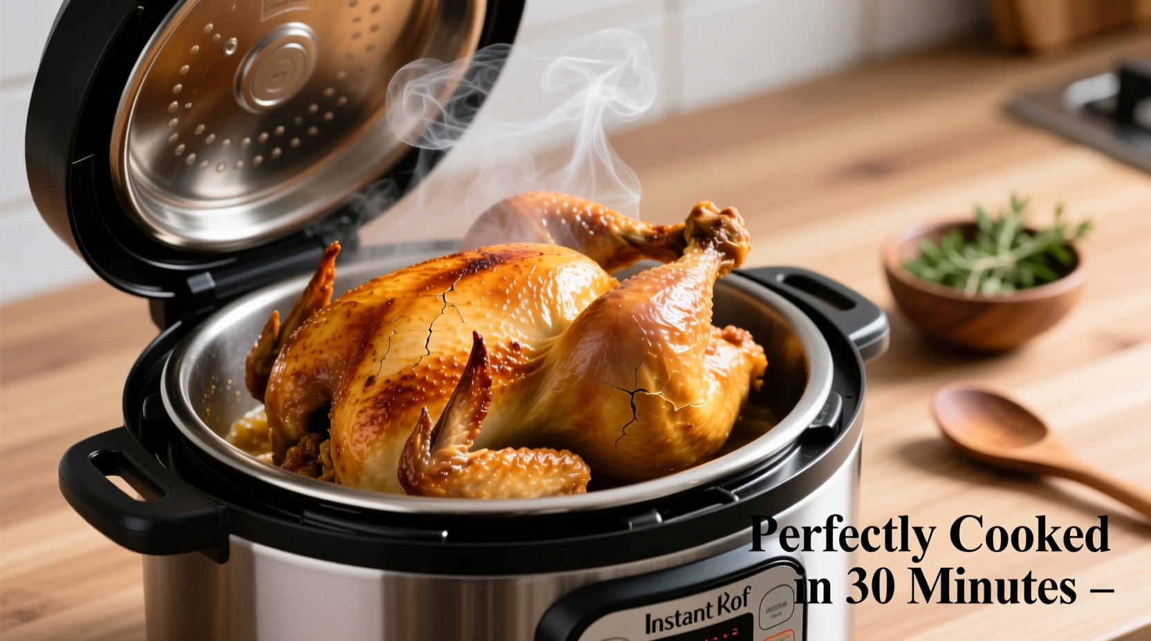 Perfectly cooked golden brown whole chicken in Instant Pot