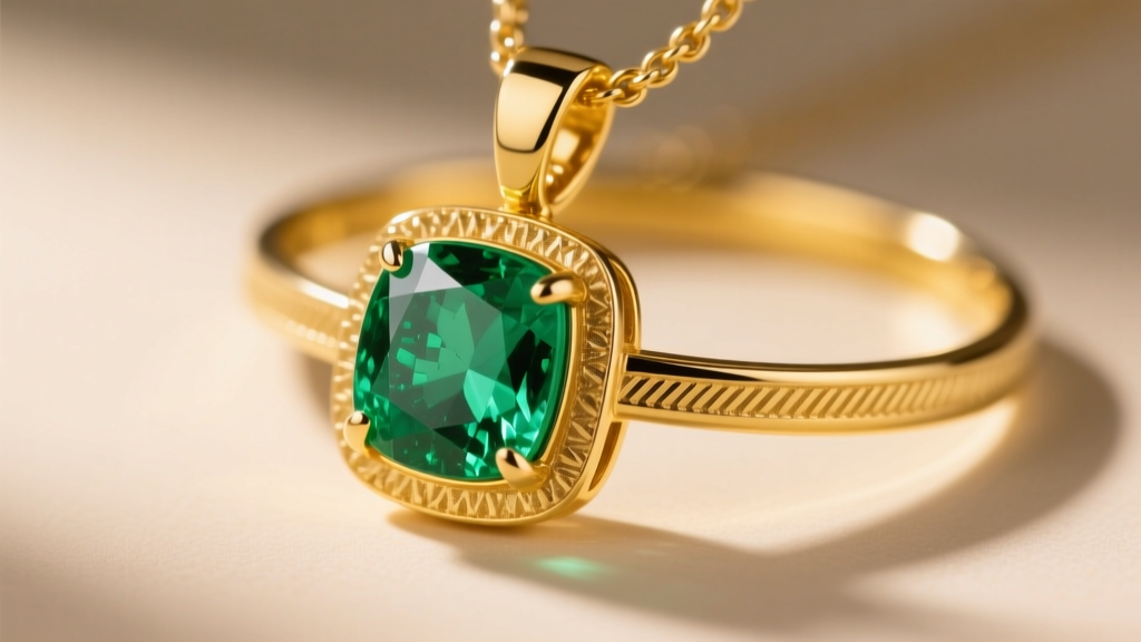 Close-up of an 18k yellow gold pendant necklace featuring a vivid natural Colombian emerald in a bezel setting