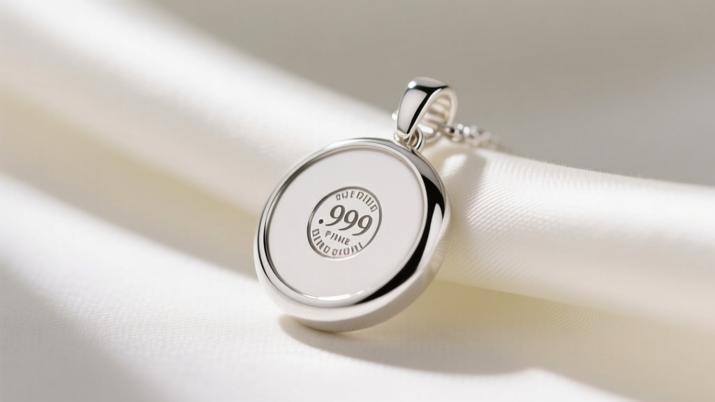 Macro close-up of a .999 fine silver bezel pendant on silk, focusing on the hallmark stamp and soft white luster in natural light