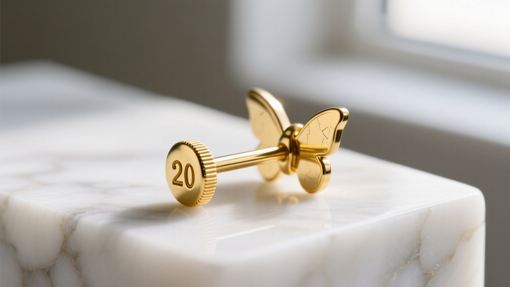Macro shot of a 20-gauge gold stud post and metal butterfly clutch back on marble, showing friction grooves in soft light.