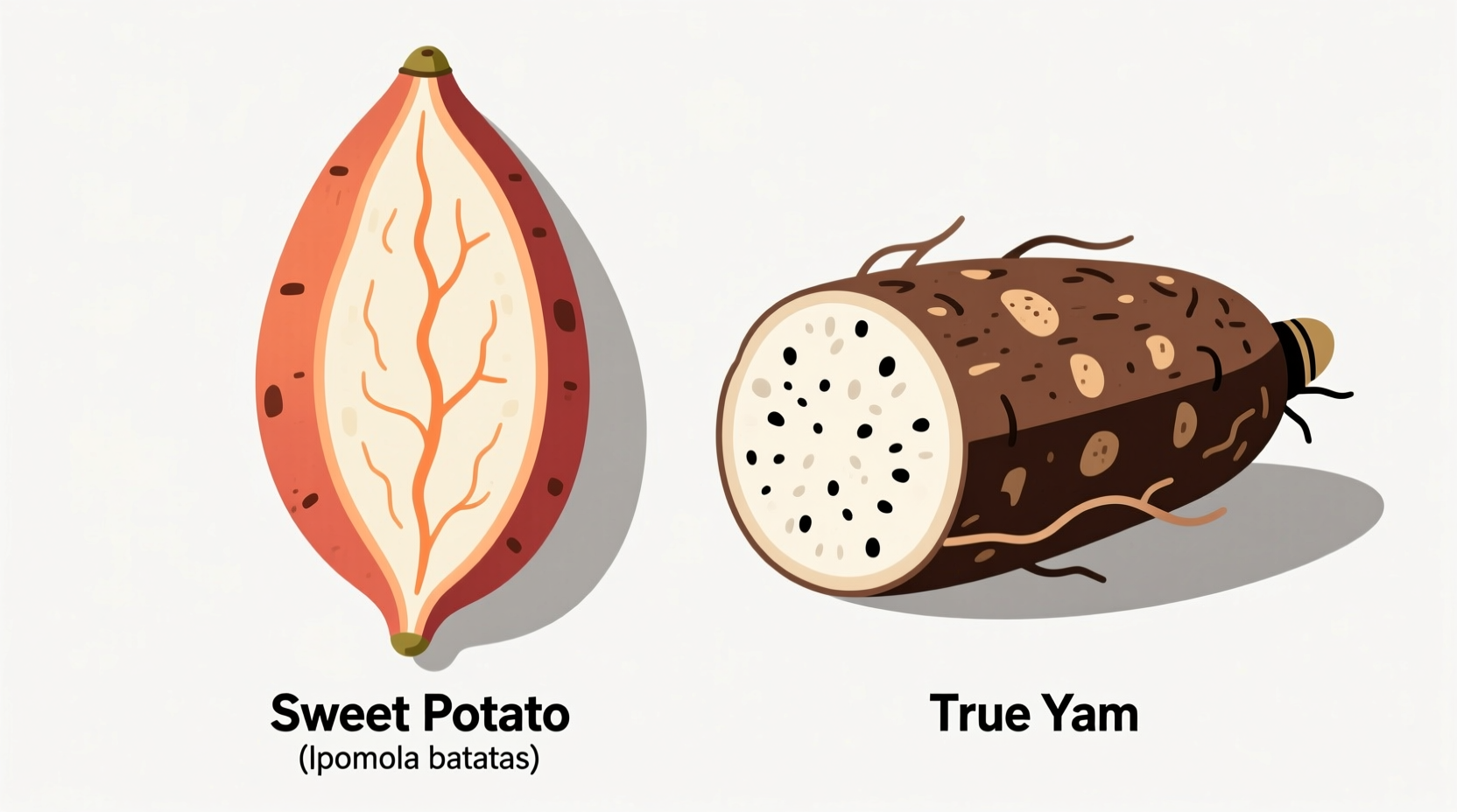 Side-by-side comparison of sweet potato and true yam