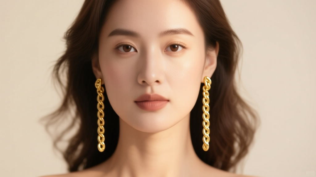 Portrait of a woman wearing delicate 14k gold cable chain long earrings draping past her jawline under soft, warm studio lighting.