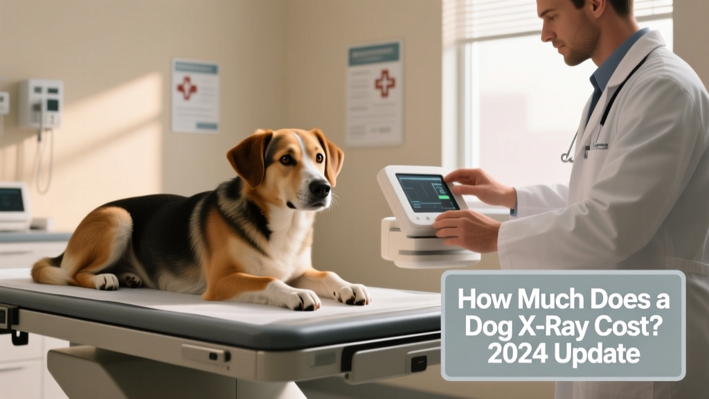 A calm dog lying on an X-ray table while a veterinary technician prepares the imaging equipment