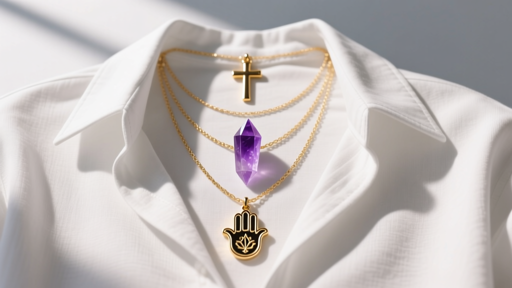Flat lay of layered blessed necklaces with an amethyst point, gold cross, and Hamsa hand, styled over a crisp white linen shirt