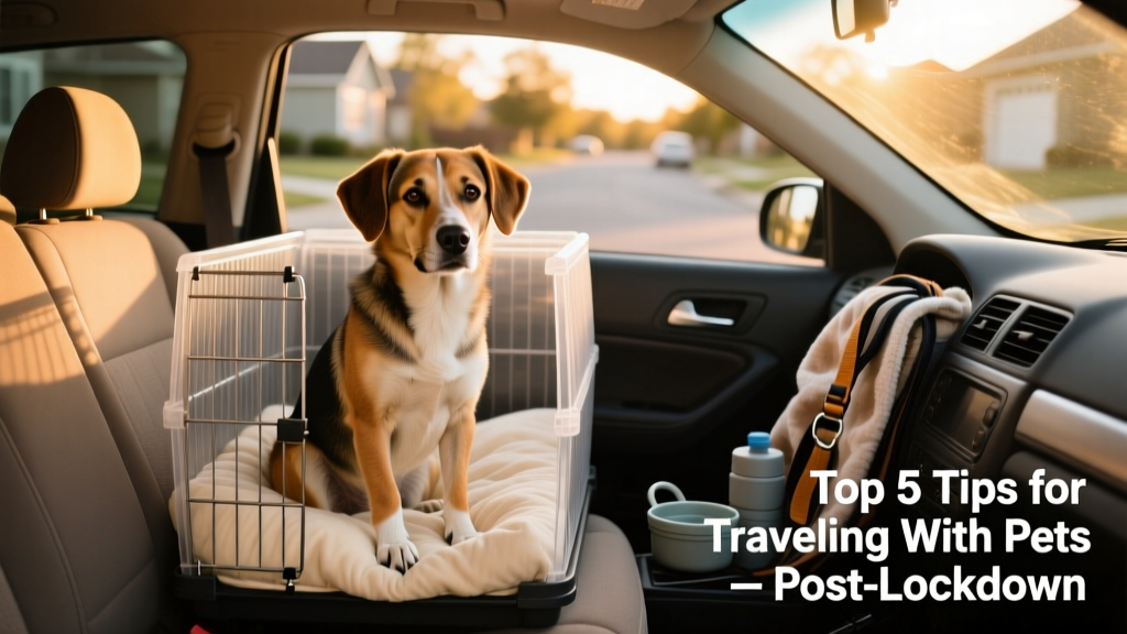 A calm dog sitting comfortably in a secured car crate with soft bedding