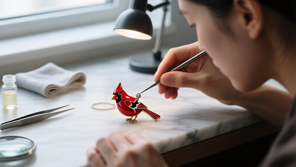 Jeweler applying UV resin to chipped red enamel cardinal pendant on workbench to restore vibrant color and seal jewelry repair