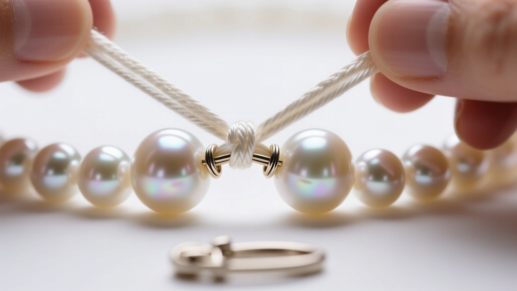 Macro shot of a pearl strand showing tight hand-knotting with thick silk thread and French wire gimp protection near a clasp.