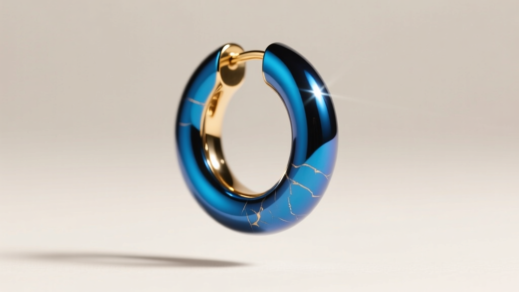 Side view of a huggie hoop earring with a PVD blue gold coating, showing a metallic blue reflection under bright studio lighting.