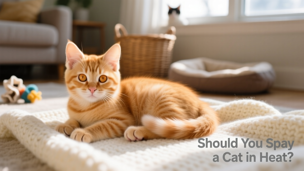 A calm, healthy kitten resting on a soft blanket—representing the ideal pre-heat spay candidate