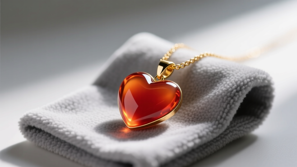 Polished carnelian heart pendant on a delicate gold chain resting on a soft gray microfiber cleaning cloth in natural daylight